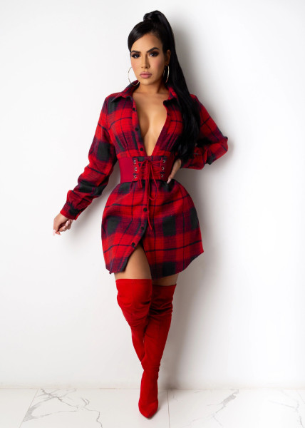 New autumn and winter shirt skirt plaid dress casual dress F88314