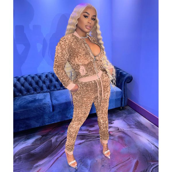 Women's sequined long-sleeved zipper jacket and trousers nightclub style women's two-piece suit W8260