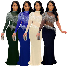 Sexy European and American hot drilling mesh slim dress nightclub skirt VK2225