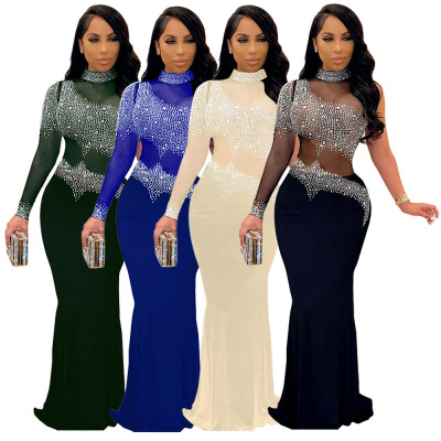 Sexy European and American hot drilling mesh slim dress nightclub skirt VK2225