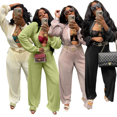 New casual loose high elastic pit strip fabric two-piece suit without belt YM221