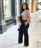 New solid color PU leather pants with loose wide leg pockets BN211