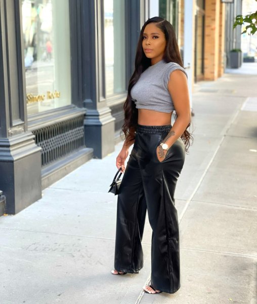 New solid color PU leather pants with loose wide leg pockets BN211