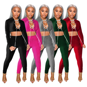 Women's neckline deep V lace sexy autumn and winter suit solid color velvet slim women's two-piece suit W8265