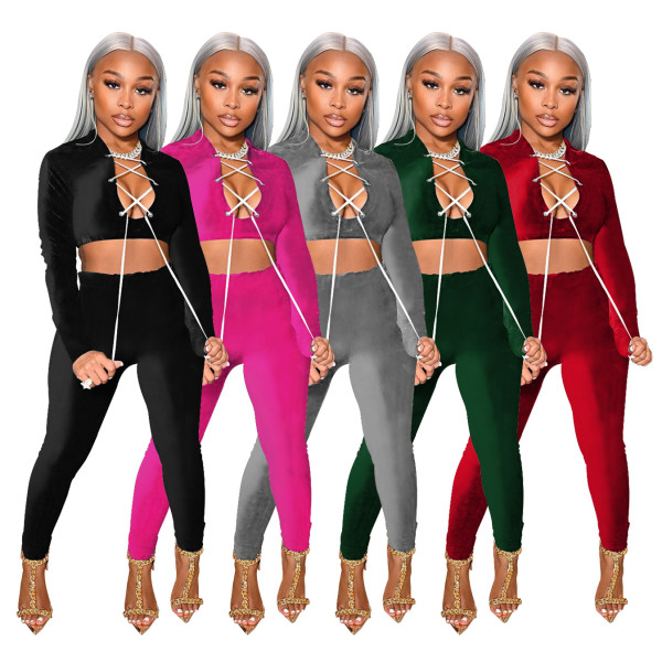 Women's neckline deep V lace sexy autumn and winter suit solid color velvet slim women's two-piece suit W8265