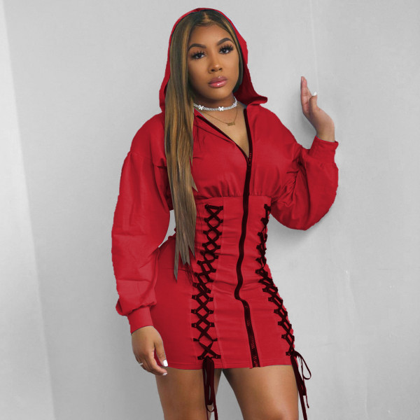 Ladies Lace-up Decorative Hooded Long Sleeve Zipper Dress Women W8263