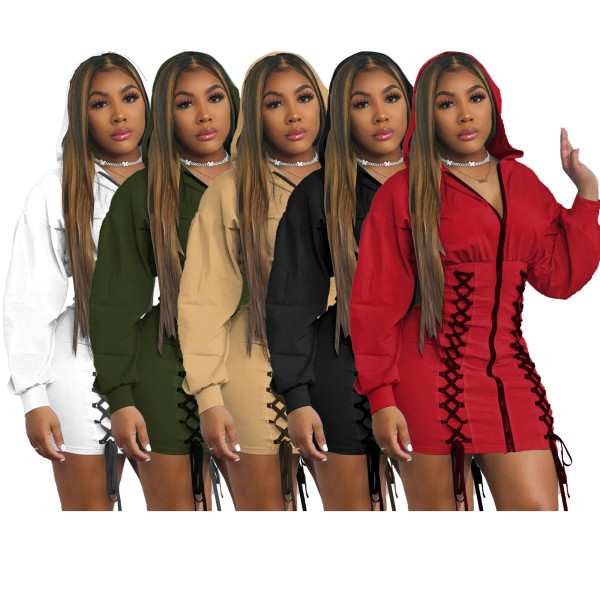 Ladies Lace-up Decorative Hooded Long Sleeve Zipper Dress Women W8263