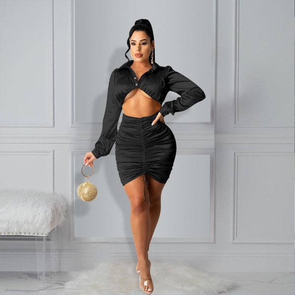 New style dress with ruffled open lining and exposed long-sleeved hip dress F88396