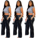 New solid color PU leather pants with loose wide leg pockets BN211