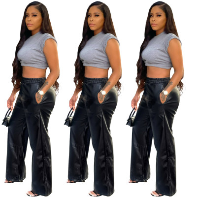 New solid color PU leather pants with loose wide leg pockets BN211