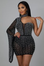Sexy European and American big-name mesh hot-drilled tight-fitting dress SK2242