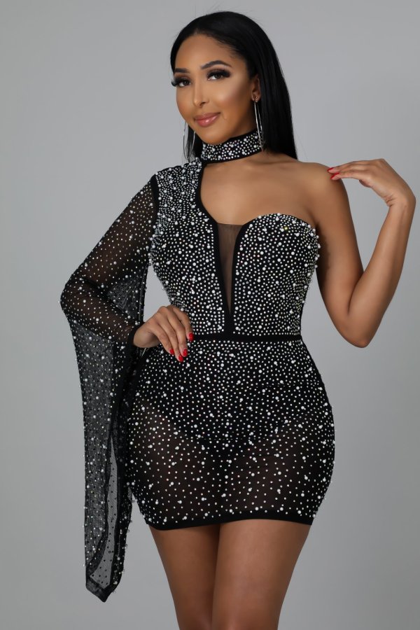 Sexy European and American big-name mesh hot-drilled tight-fitting dress SK2242