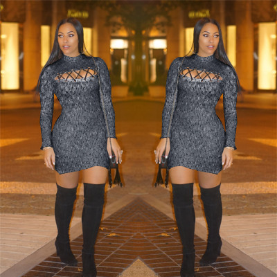 2021 Winter New European and American New Products Sexy Hollow Long Sleeve Sweater Dress LS6173