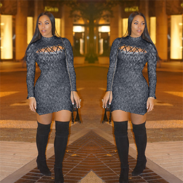 2021 Winter New European and American New Products Sexy Hollow Long Sleeve Sweater Dress LS6173