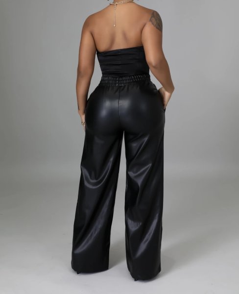 New solid color PU leather pants with loose wide leg pockets BN211