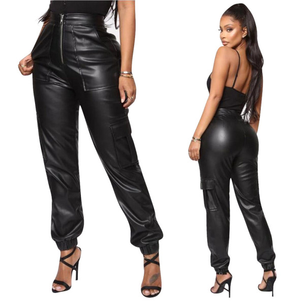 New autumn and winter casual pants fashion multiple pocket casual pants casual leather pants F8257