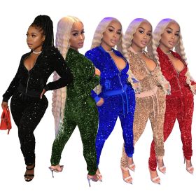 Women's sequined long-sleeved zipper jacket and trousers nightclub style women's two-piece suit W8260