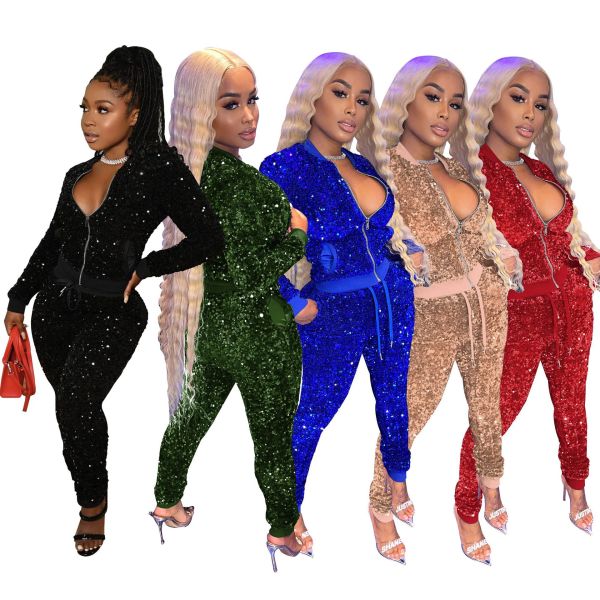 Women's sequined long-sleeved zipper jacket and trousers nightclub style women's two-piece suit W8260