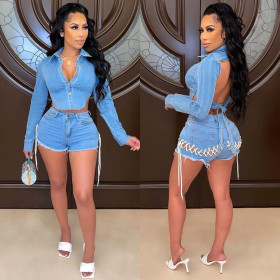 New denim casual suit halter eyelet denim shorts suit denim two-piece suit F88395