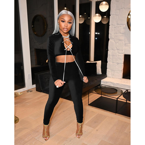 Women's neckline deep V lace sexy autumn and winter suit solid color velvet slim women's two-piece suit W8265