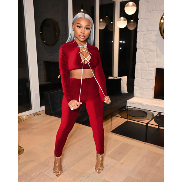 Women's neckline deep V lace sexy autumn and winter suit solid color velvet slim women's two-piece suit W8265