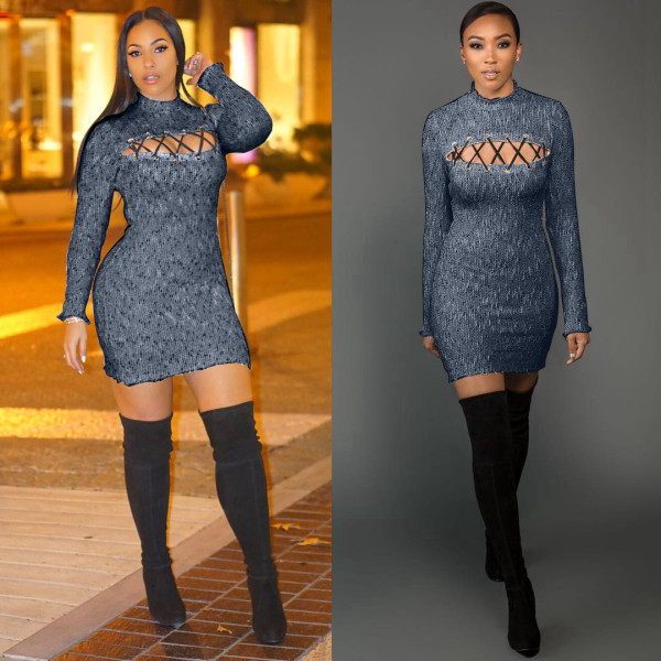 2021 Winter New European and American New Products Sexy Hollow Long Sleeve Sweater Dress LS6173