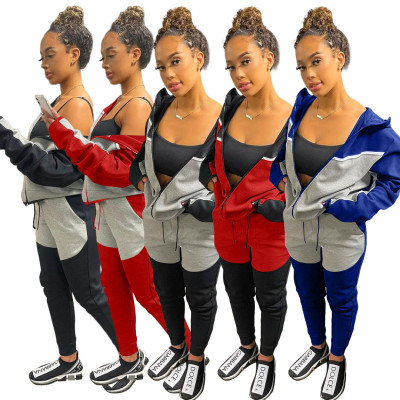 Pure color stitching, zipper, hooded fashion two-piece suit YM225