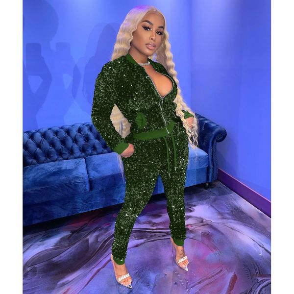 Women's sequined long-sleeved zipper jacket and trousers nightclub style women's two-piece suit W8260