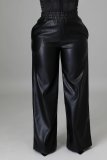 New solid color PU leather pants with loose wide leg pockets BN211