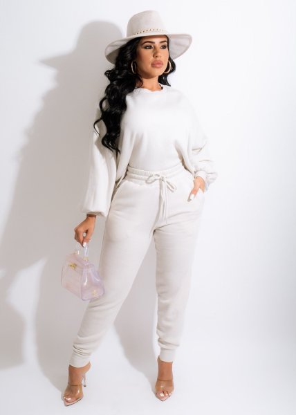 Autumn and winter solid color sweater irregular loose puff sleeve casual sportswear suit CM2165