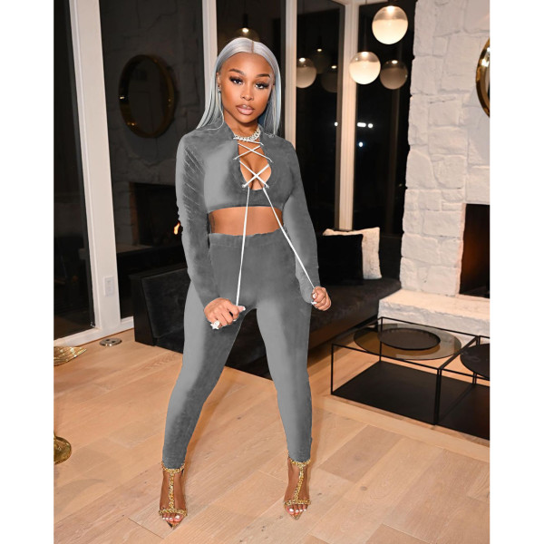 Women's neckline deep V lace sexy autumn and winter suit solid color velvet slim women's two-piece suit W8265