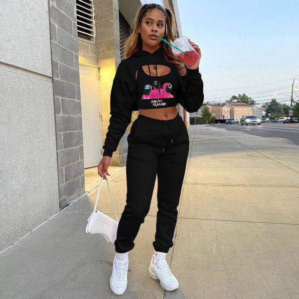 Fleece drawstring hoodie, cotton vest, jogging pants three-piece suit CQ152