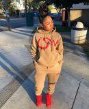 Women's Letter Print Hooded Sweatshirt Set with Pockets MN8386