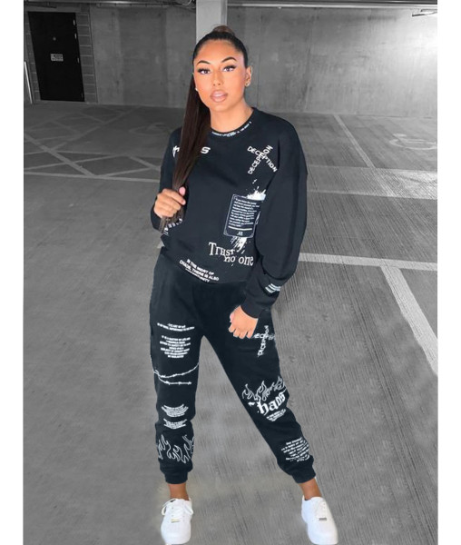 Ladies' Two-piece Sweater Set with Letters Graffiti Print MN8325