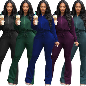 Drawstring leisure zipper sports two-piece suit LY052