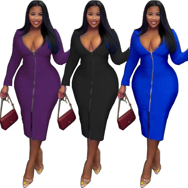Pure color zipper plus size casual dress LY053