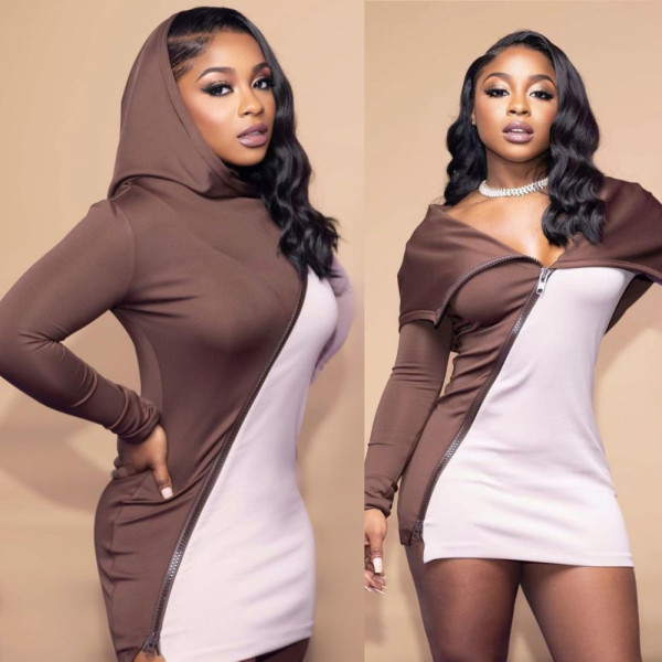 New casual hooded women's skirt irregular stitching sexy dress A8652