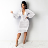 Big V-neck hot-stamping shiny nightclub slim fit buttocks sexy dress Q21W991
