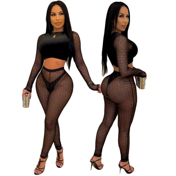 Net yarn flocking solid color fashion sexy two-piece women's suit F169-2