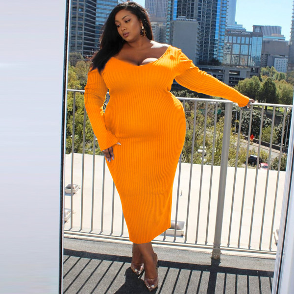 Plus size women's fashion sexy V-neck big pit strip solid color plus size dress MQ23592