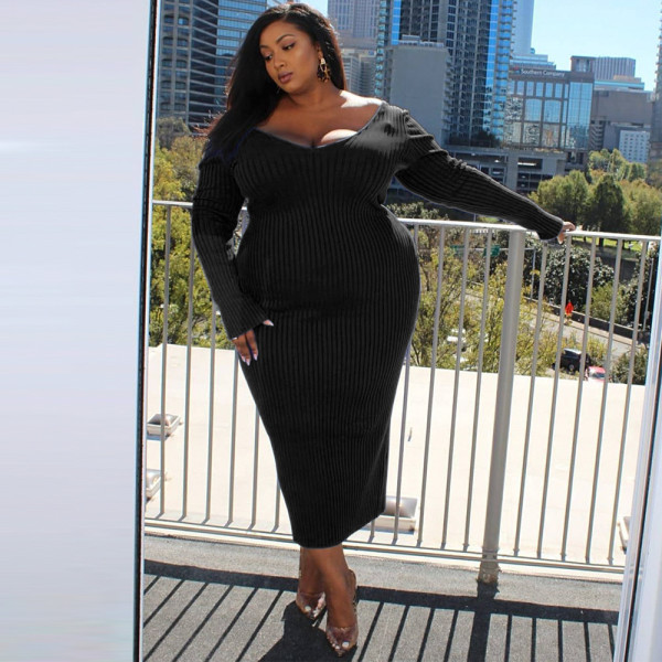 Plus size women's fashion sexy V-neck big pit strip solid color plus size dress MQ23592