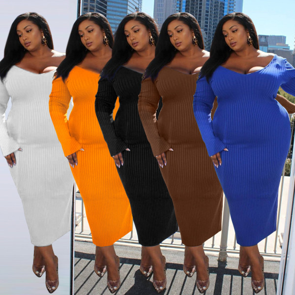 Plus size women's fashion sexy V-neck big pit strip solid color plus size dress MQ23592