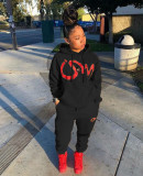 Women's Letter Print Hooded Sweatshirt Set with Pockets MN8386
