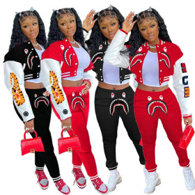 Shark letter printing single-breasted color block jacket baseball uniform sports suit MN8388