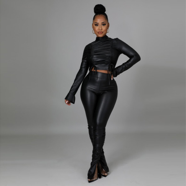 Pleated small flared sleeves solid color leather fashion sexy two-piece women's suit F168-2
