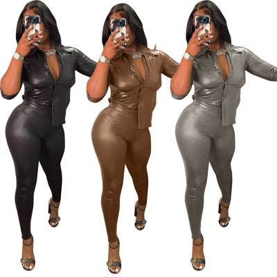 Women's elastic snake print faux leather sexy two-piece suit MN8385