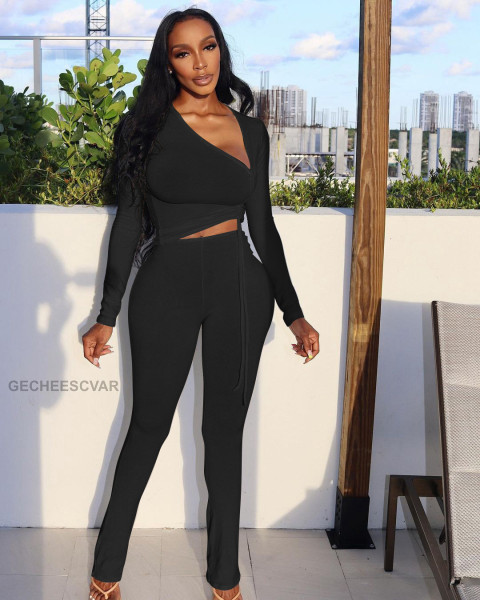 Women's Fashion Hot Sale Sexy Irregular Neck Drawstring Two-Piece Set XY9119