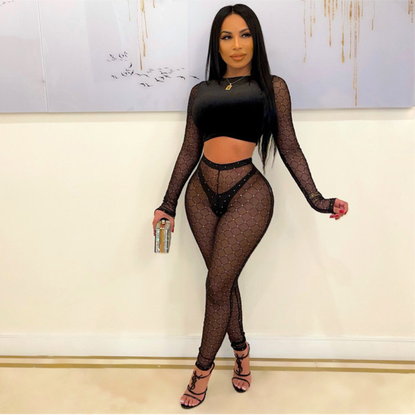 Net yarn flocking solid color fashion sexy two-piece women's suit F169-2