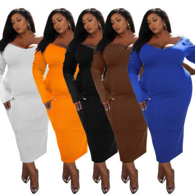 Plus size women's fashion sexy V-neck big pit strip solid color plus size dress MQ23592