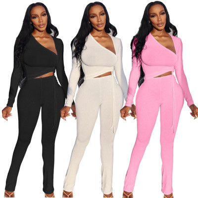 Women's Fashion Hot Sale Sexy Irregular Neck Drawstring Two-Piece Set XY9119